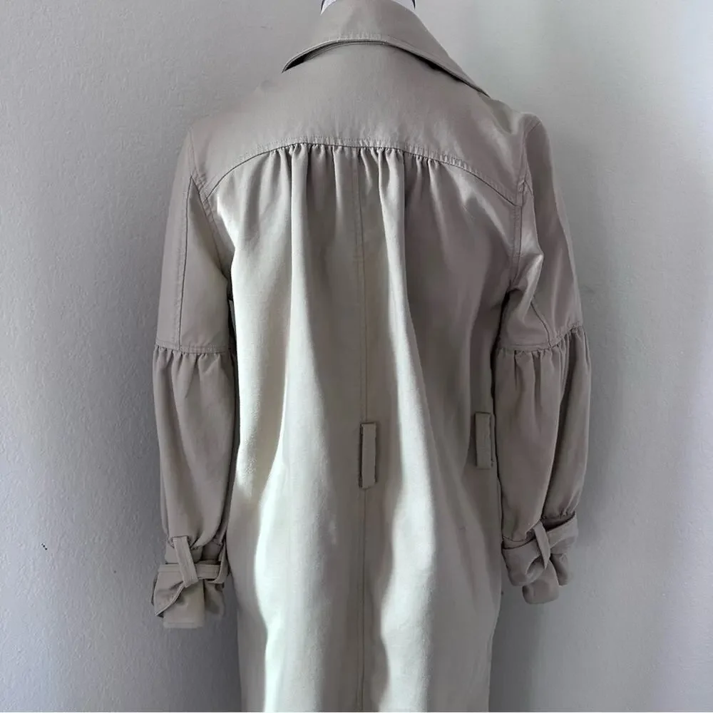 Joie Puff Sleeve Cotton Trench Coat Jacket Classic Beige Long Button-Front - Picture 9 of 14